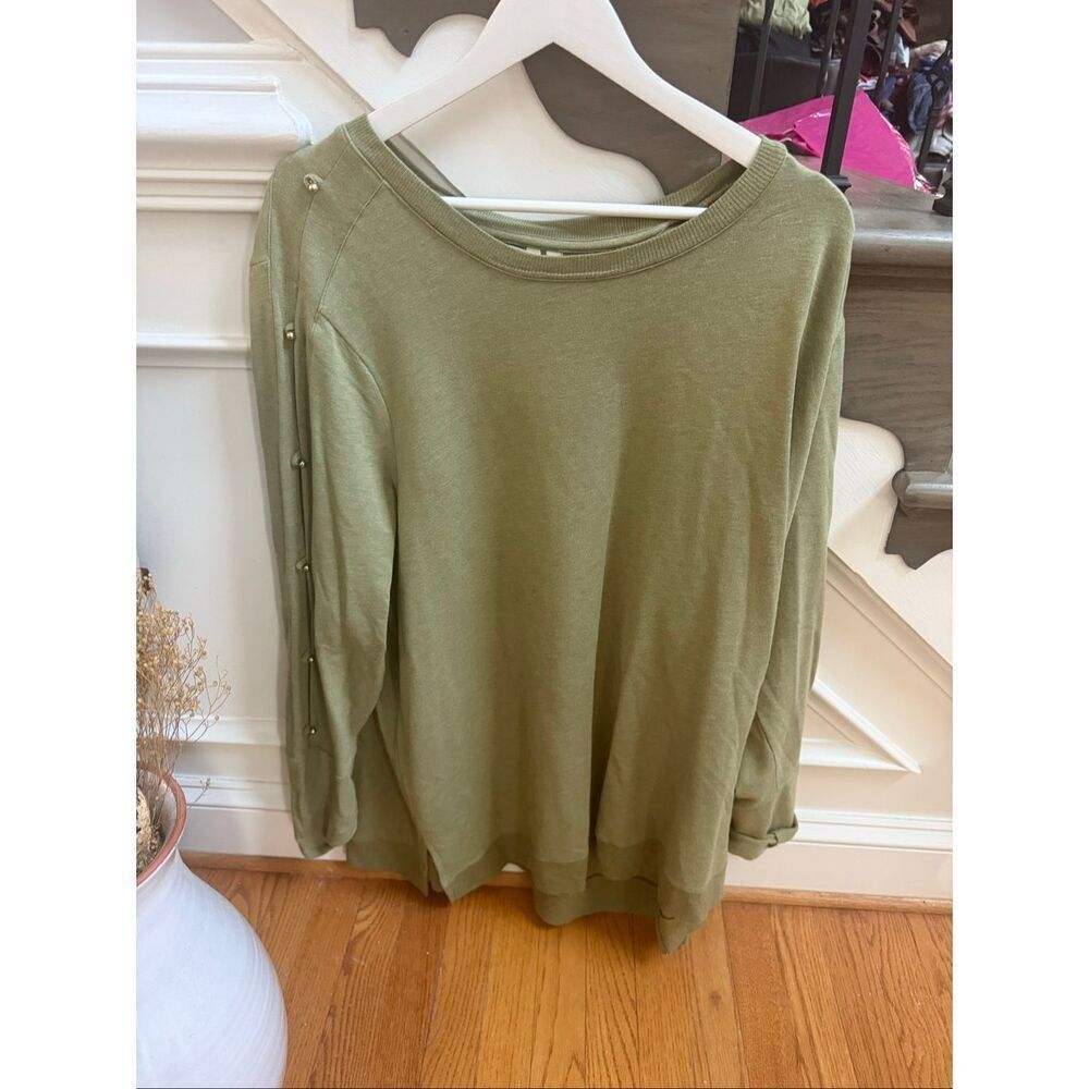 Soft Surroundings Green Gold Button Sleeve Fleece Lined Tunic Top sz 3X EUC